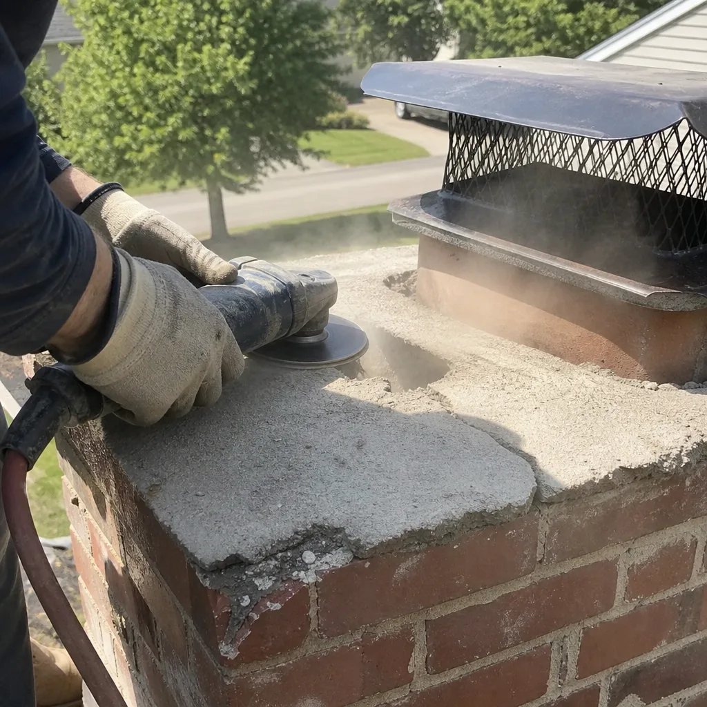 Professional technician performing brick chimney crown repair with an angle grinder